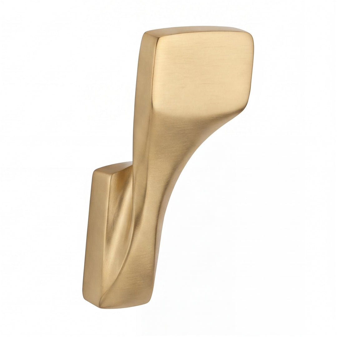 A modern brushed gold bathroom robe hook by megabai on a white background.