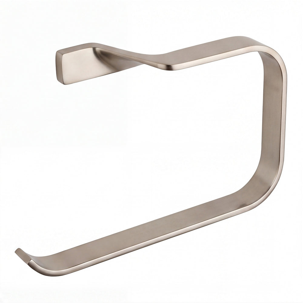 A modern wall-mounted towel ring holder with a brushed nickel finish, shown against a plain white background.