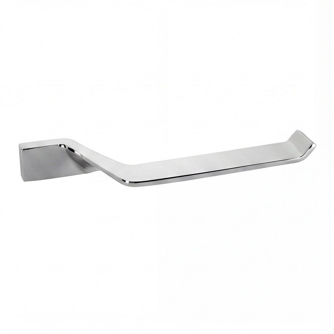 A modern wall-mounted bathroom toilet paper holder with a polished chrome finish, shown against a plain white background.