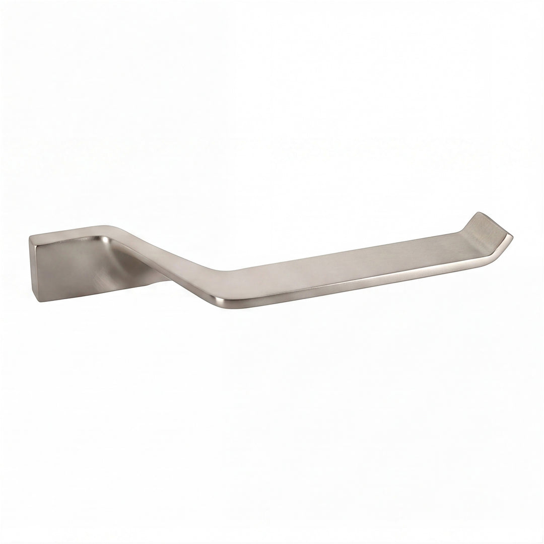 A modern wall-mounted bathroom toilet paper holder with a brushed nickel finish, shown against a plain white background.