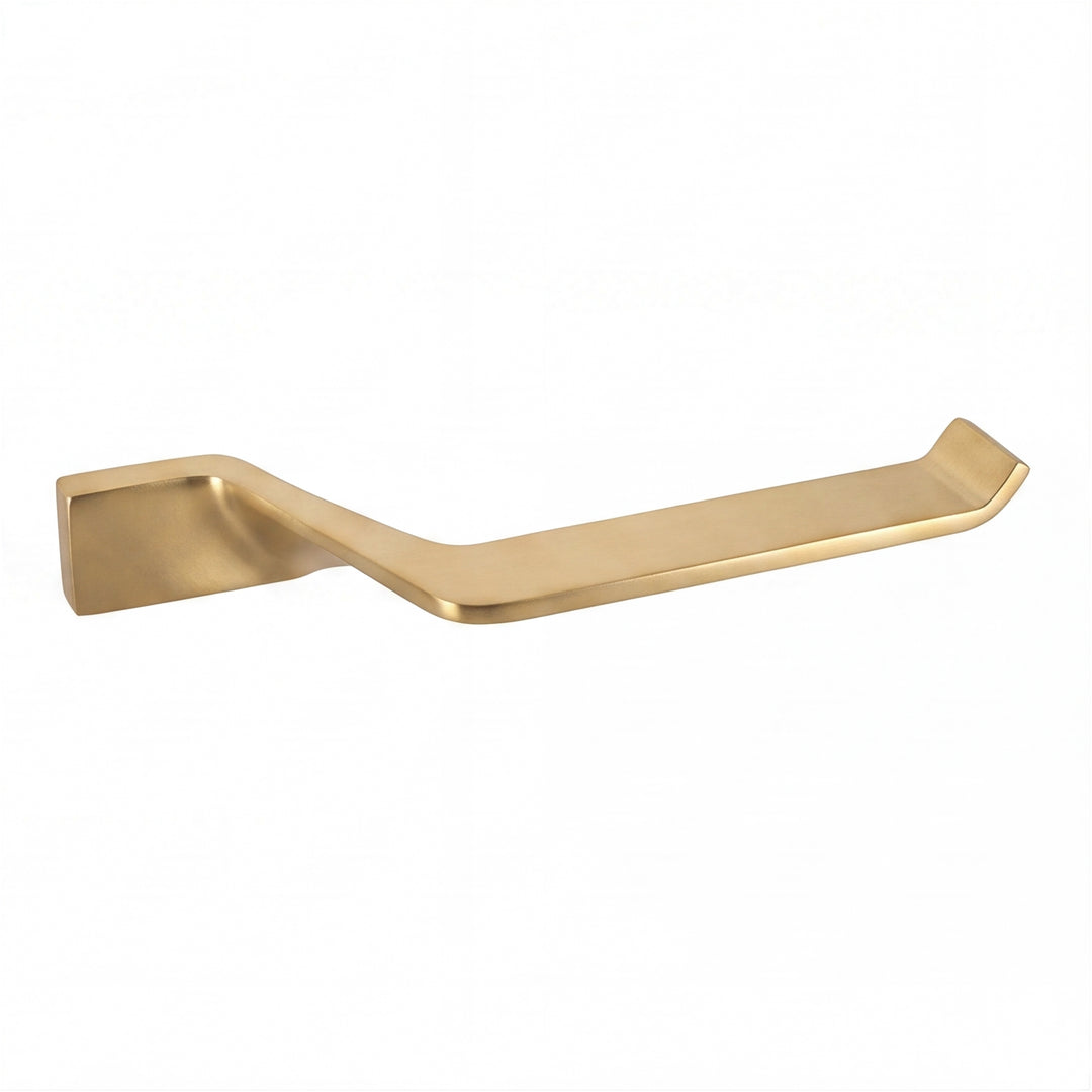 A modern wall-mounted bathroom toilet paper holder with a brushed gold finish, shown against a plain white background.
