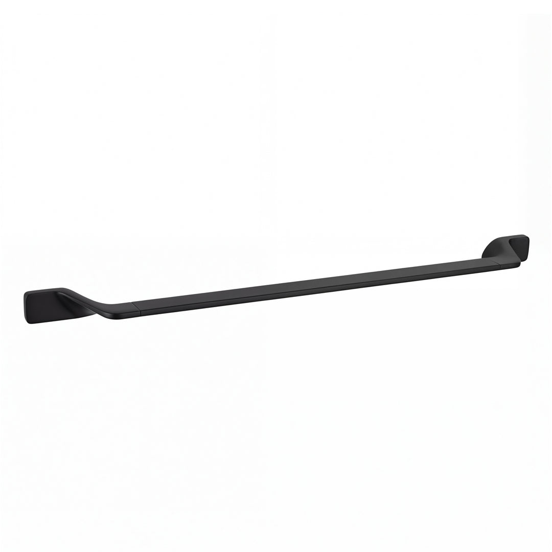 A long, slim modern wall-mounted 24-inch towel bar with a matte black finish, shown against a plain white background.
