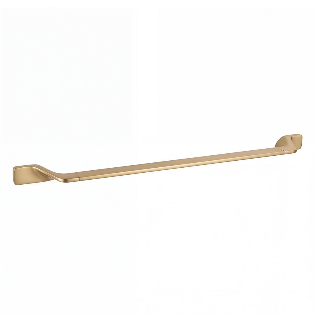 A long, slim modern wall-mounted 24-inch towel bar with a brushed gold finish, shown against a plain white background.