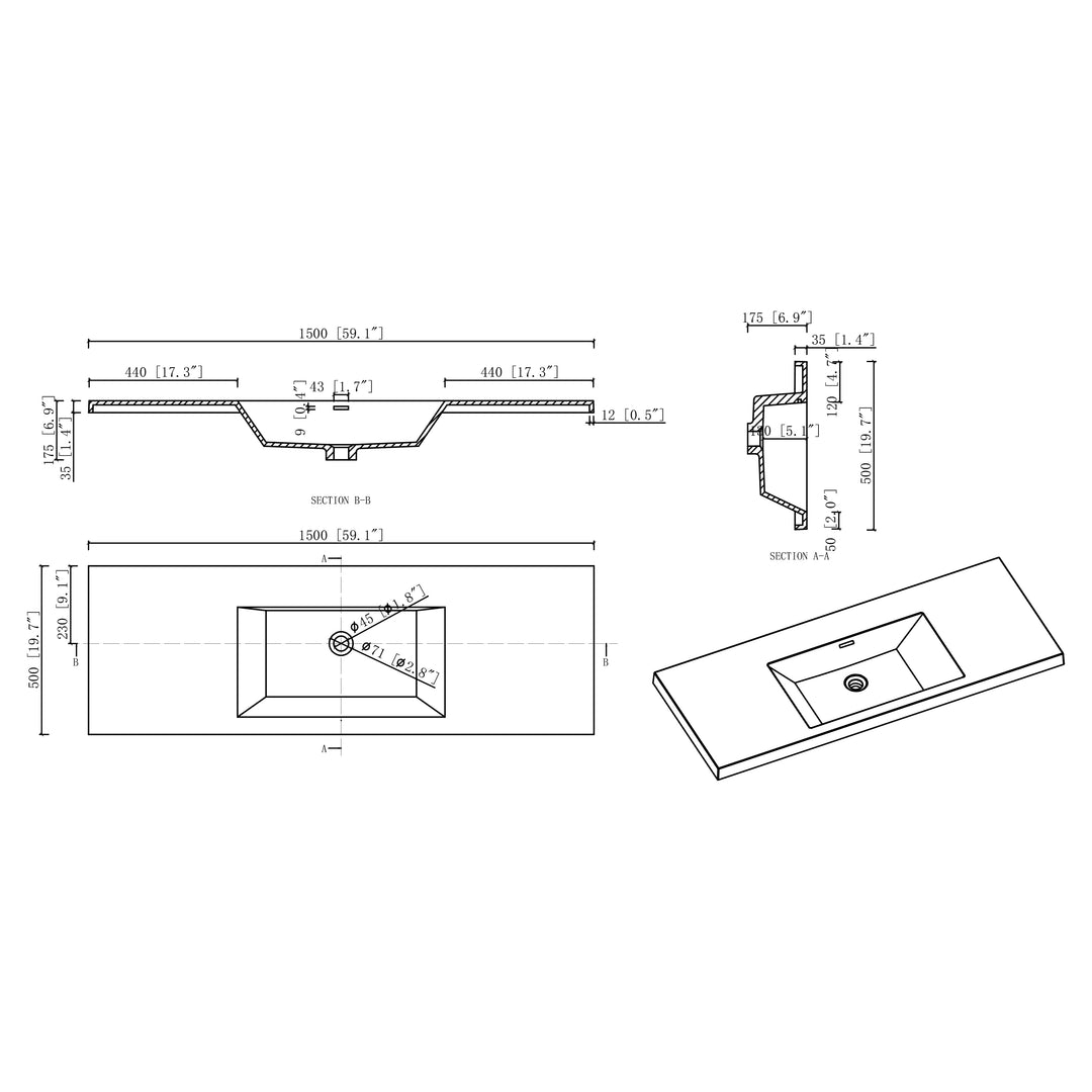 BAI Novo 59-inch Freestanding Bathroom Vanity with Gloss White Sink
