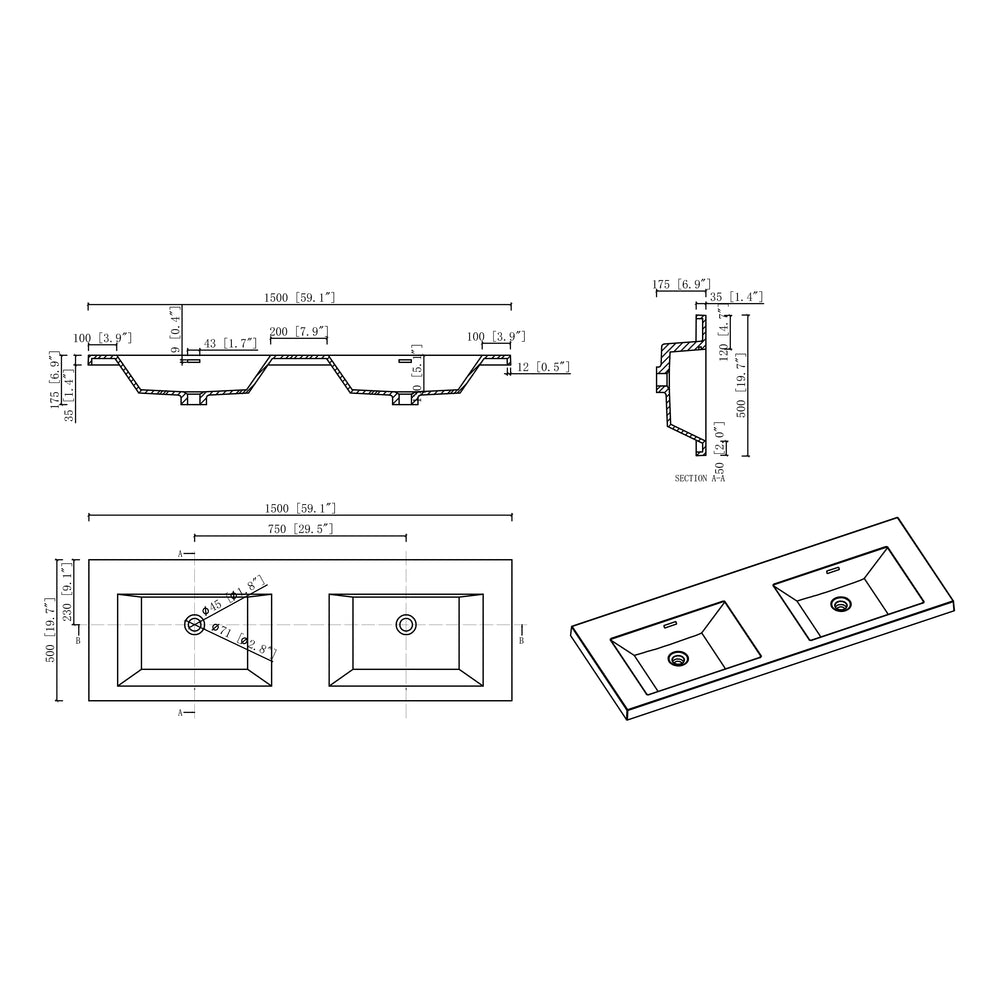 BAI Novo 59-inch Freestanding Bathroom Vanity with Gloss White Double Sink