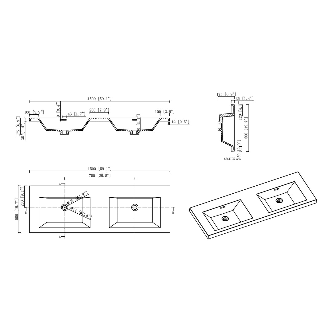 BAI Novo 59-inch Freestanding Bathroom Vanity with Gloss White Double Sink