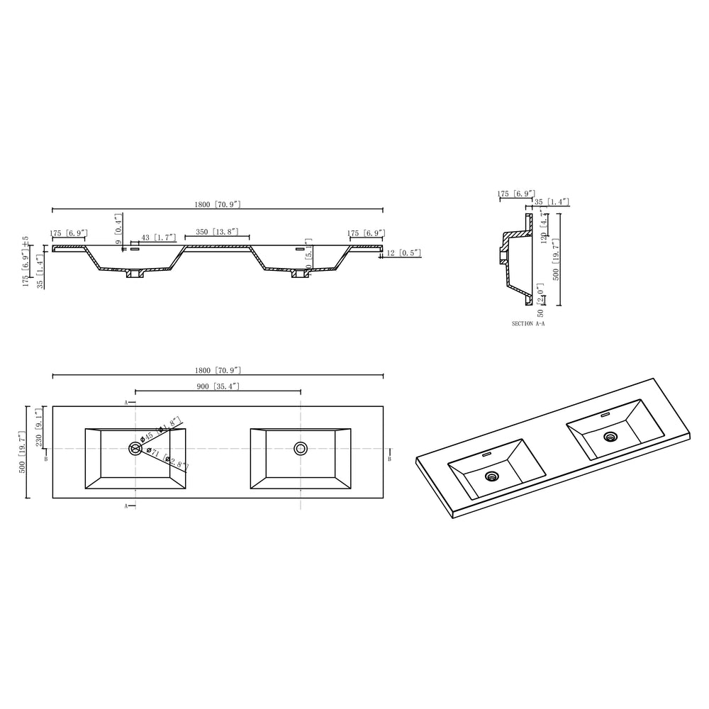 BAI Novo 71-inch Freestanding Bathroom Vanity with Gloss White Double Sink