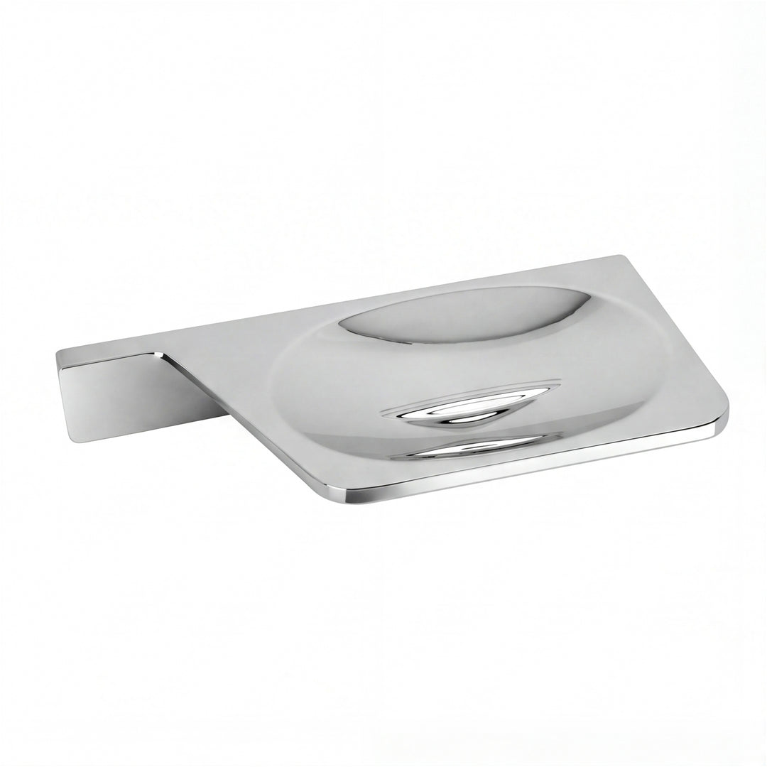 A polished chrome wall-mounted soap dish with a rectangular basin and a flat mounting bracket on the left, shown on a plain white background.
