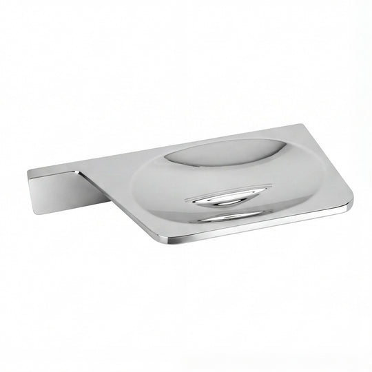 A polished chrome wall-mounted soap dish with a rectangular basin and a flat mounting bracket on the left, shown on a plain white background.