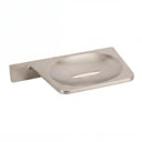 A brushed nickel wall-mounted soap dish with a rectangular basin and a flat mounting bracket on the left, shown on a plain white background.