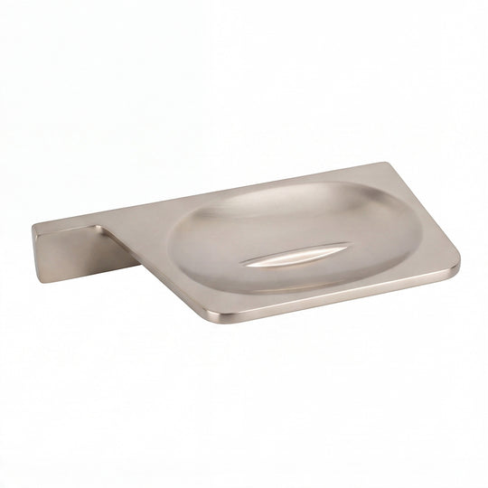 A brushed nickel wall-mounted soap dish with a rectangular basin and a flat mounting bracket on the left, shown on a plain white background.