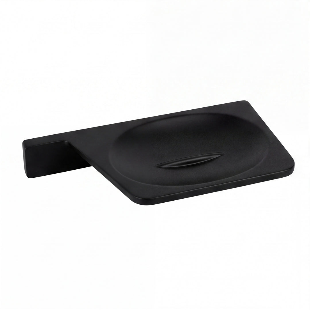 A matte black wall-mounted soap dish with a rectangular basin and a flat mounting bracket on the left, shown on a plain white background.