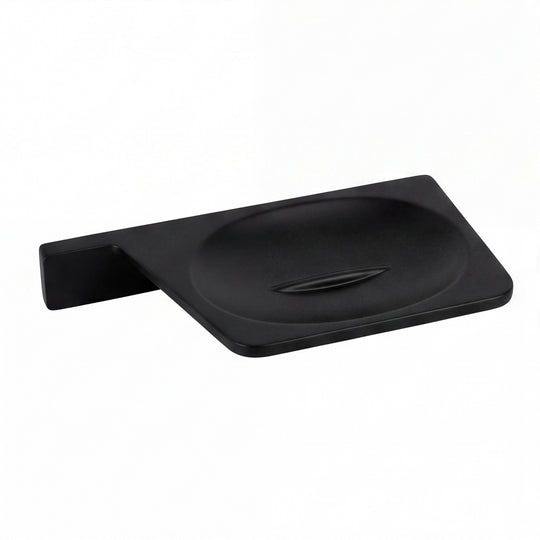 A matte black wall-mounted soap dish with a rectangular basin and a flat mounting bracket on the left, shown on a plain white background.