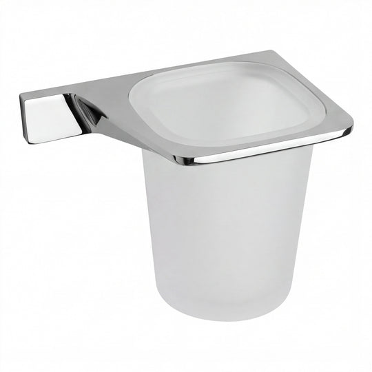 A frosted glass toothbrush cup holder with a polished chrome wall mount bracket, shown against a plain white background.