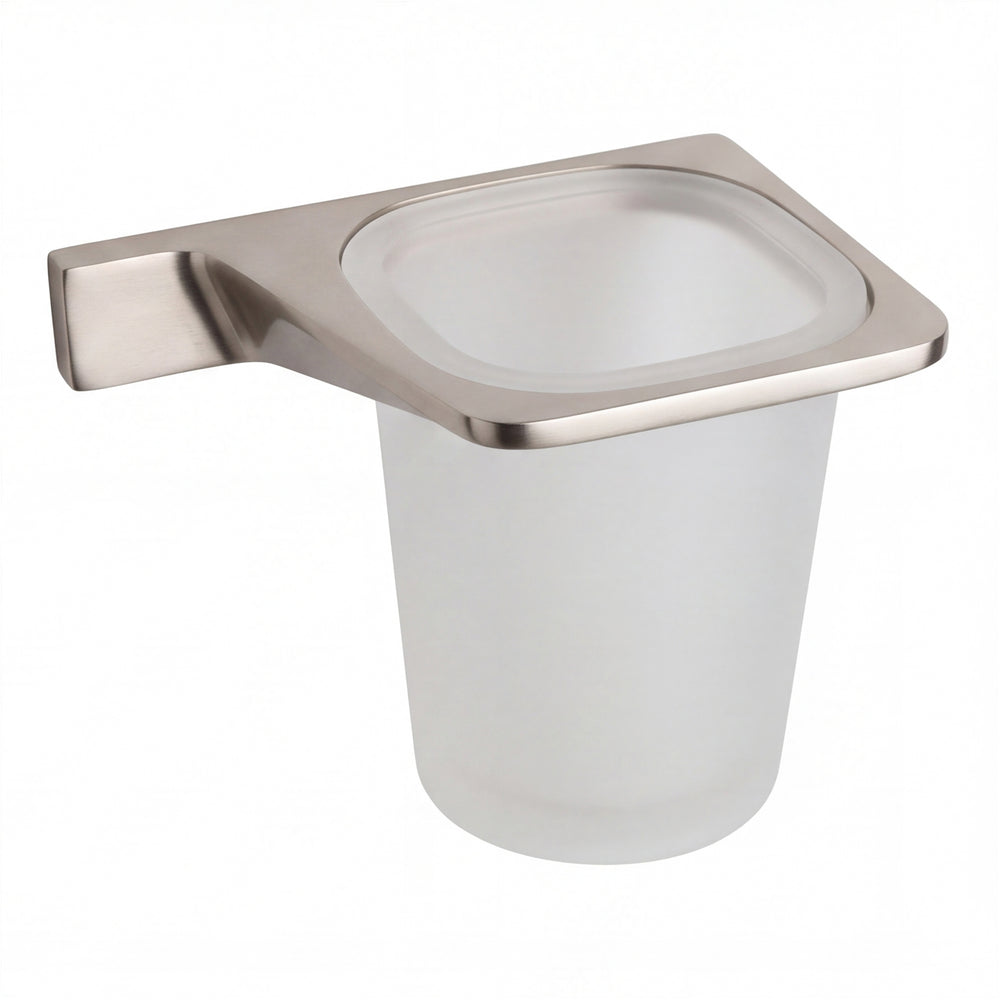 A frosted glass toothbrush cup holder with a brushed nickel wall mount bracket, shown against a plain white background.