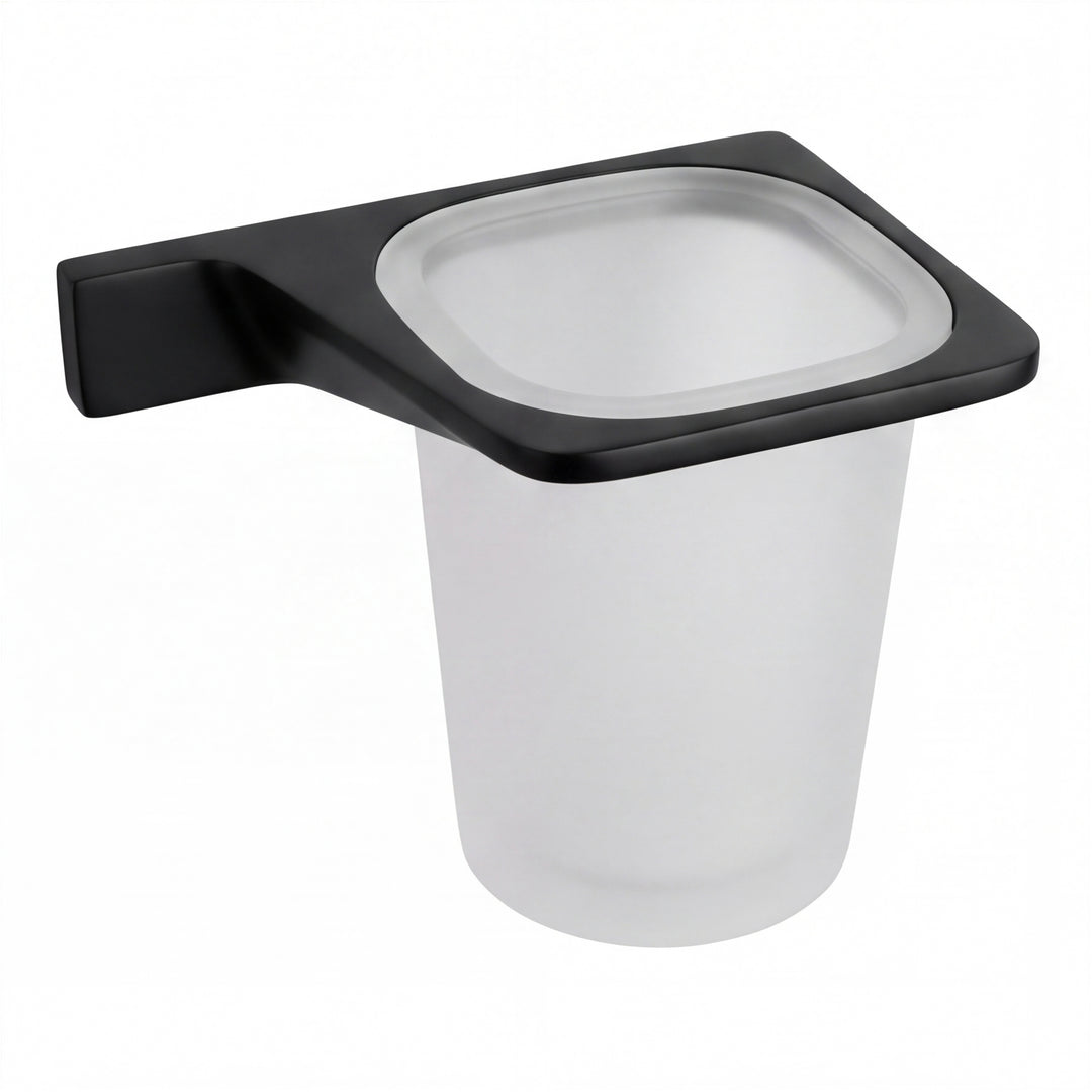 A frosted glass toothbrush cup holder with a matte black wall mount bracket, shown against a plain white background.