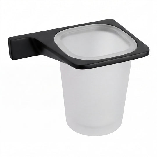 A frosted glass toothbrush cup holder with a matte black wall mount bracket, shown against a plain white background.
