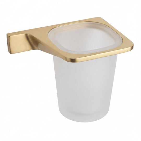 A frosted glass toothbrush cup holder with a brushed gold wall mount bracket, shown against a plain white background.