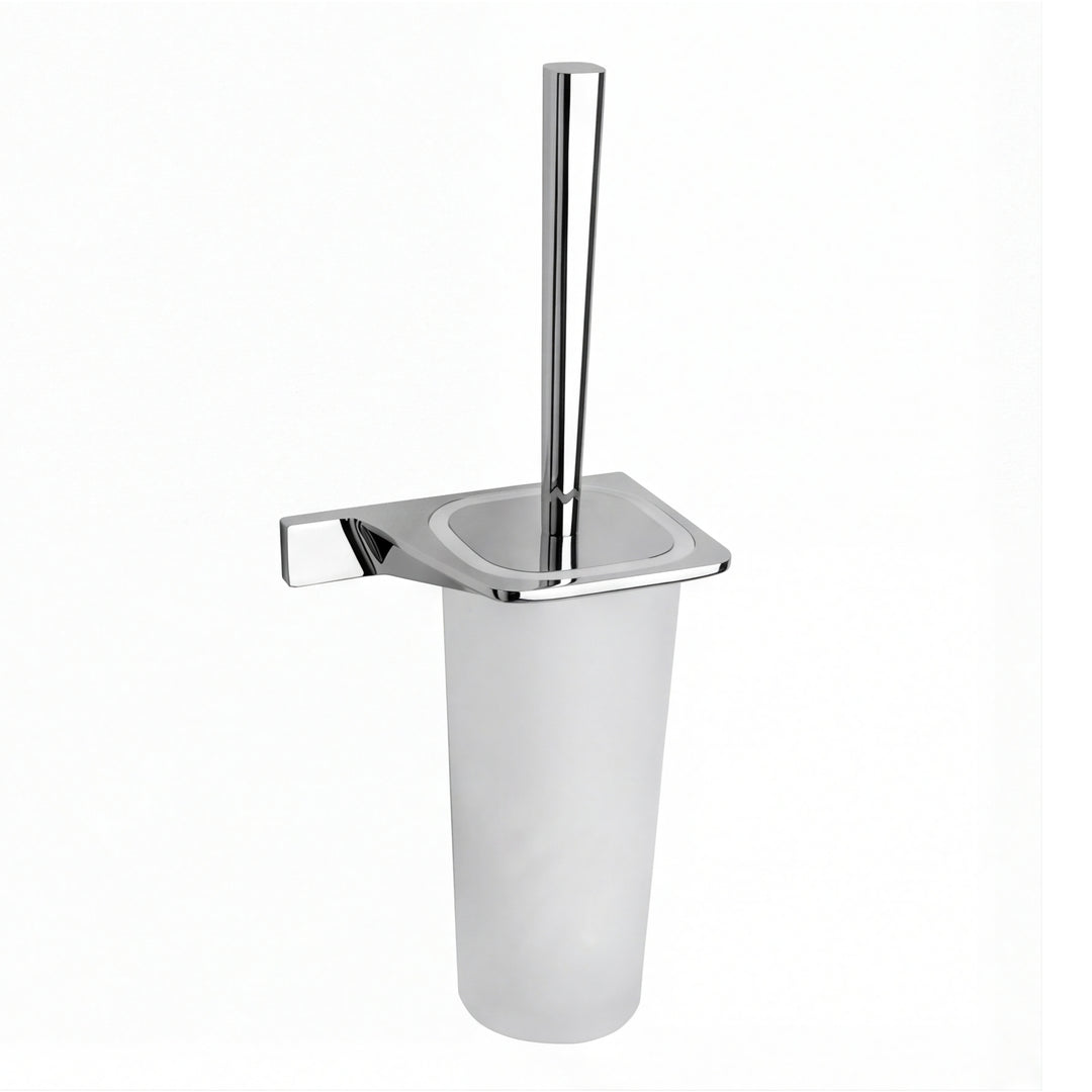 A modern toilet brush holder with a chrome-finished metal stand and handle, paired with a frosted translucent cylindrical cup, shown against a plain white background.