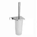 A modern toilet brush holder with a chrome-finished metal stand and handle, paired with a frosted translucent cylindrical cup, shown against a plain white background.