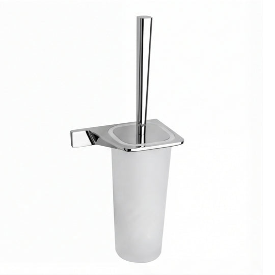 A modern toilet brush holder with a chrome-finished metal stand and handle, paired with a frosted translucent cylindrical cup, shown against a plain white background.