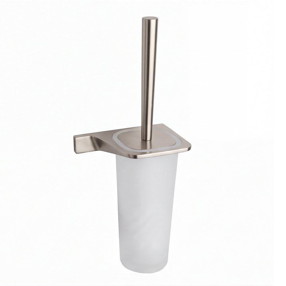 A wall-mounted toilet brush holder with a brushed nickel stainless steel stand and a frosted white cylindrical cup, shown on a plain white background.