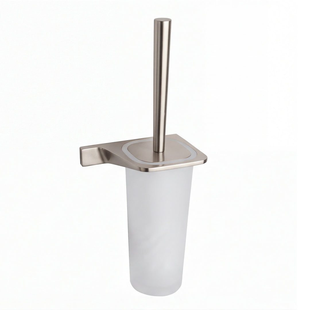 A wall-mounted toilet brush holder with a brushed nickel stainless steel stand and a frosted white cylindrical cup, shown on a plain white background.