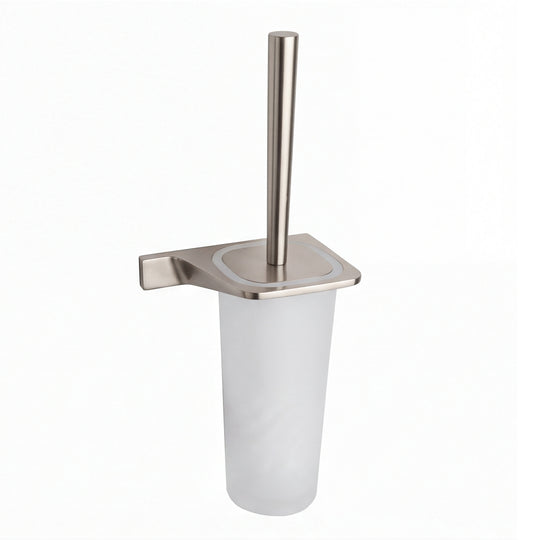 A wall-mounted toilet brush holder with a brushed nickel stainless steel stand and a frosted white cylindrical cup, shown on a plain white background.