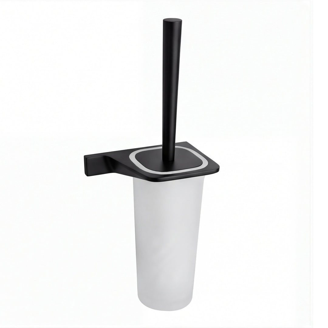 A modern toilet brush with a matte black metal holder and handle, and a frosted white plastic brush holder, shown against a plain white background.