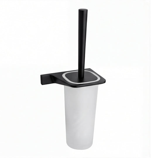 A modern toilet brush with a matte black metal holder and handle, and a frosted white plastic brush holder, shown against a plain white background.