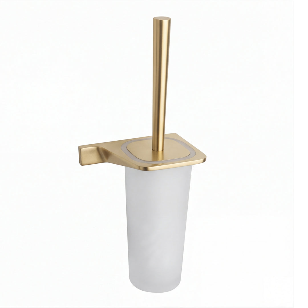 A modern toilet brush holder with a brushed gold metal base, a matching vertical brush handle, and a frosted white cylindrical cup, shown on a plain white background.