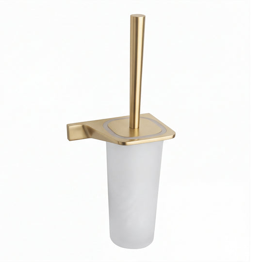 A modern toilet brush holder with a brushed gold metal base, a matching vertical brush handle, and a frosted white cylindrical cup, shown on a plain white background.