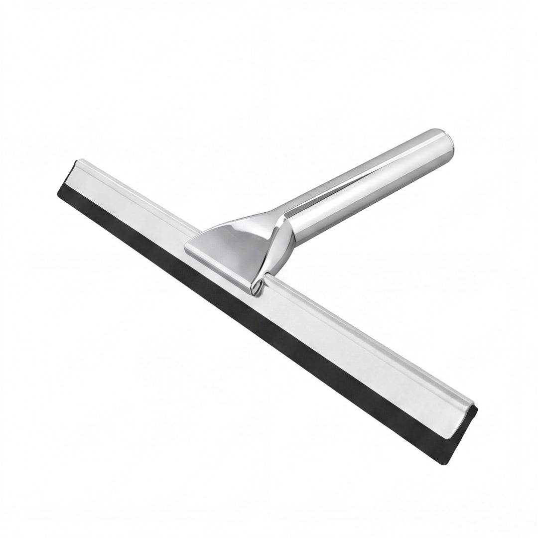 A modern polished chrome T-handle squeegee with a black rubber blade, shown at an angle on a solid white background.