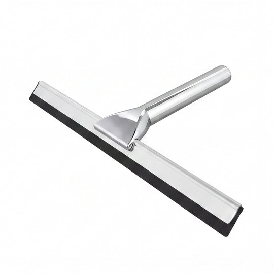 A modern polished chrome T-handle squeegee with a black rubber blade, shown at an angle on a solid white background.