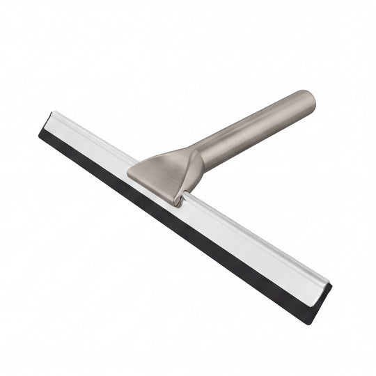 A modern brushed nickel T-handle squeegee with a black rubber blade, shown at an angle on a solid white background.