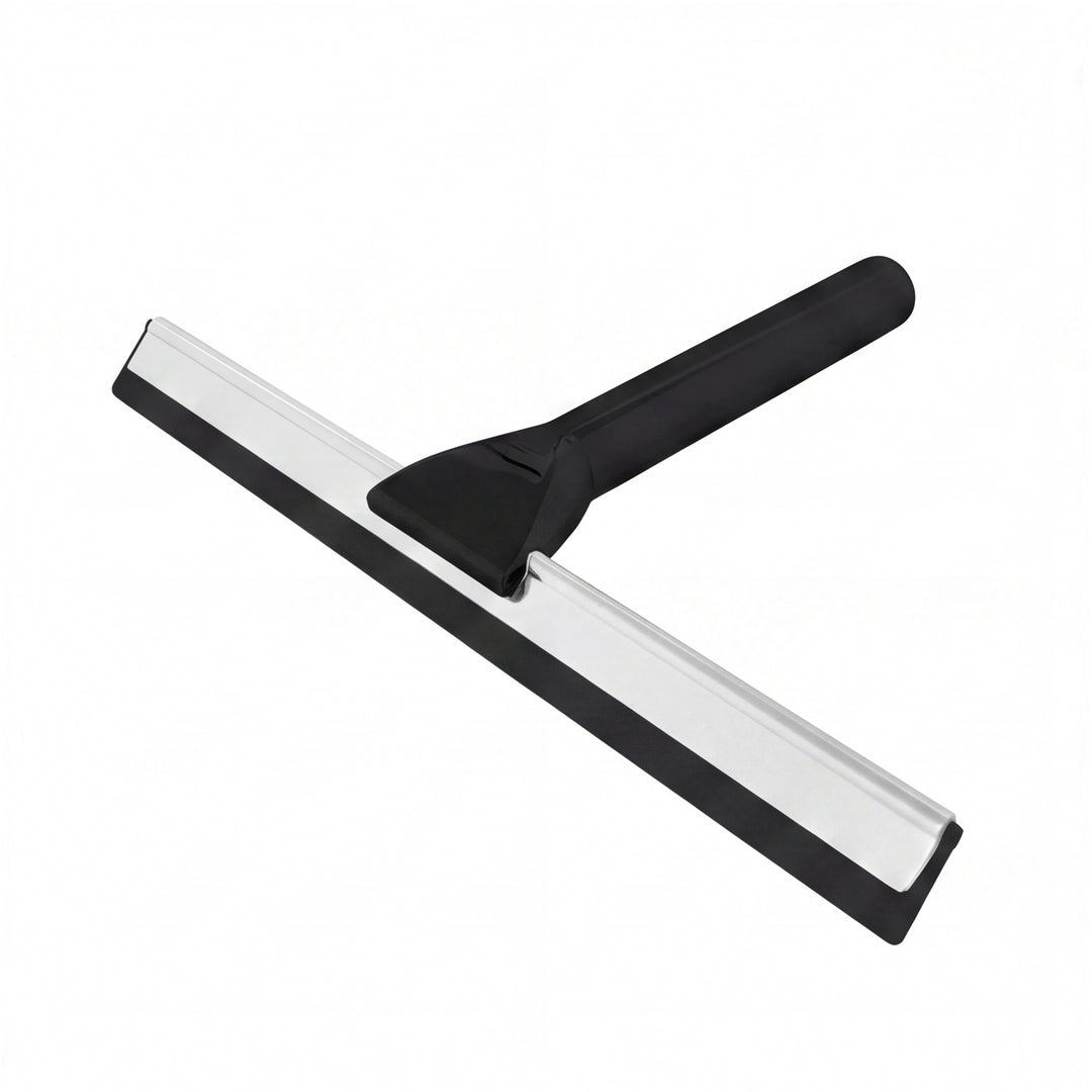A modern T-shaped squeegee with a matte black handle and a silver metal blade with a black rubber edge, shown on a plain white background.