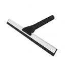 A modern T-shaped squeegee with a matte black handle and a silver metal blade with a black rubber edge, shown on a plain white background.
