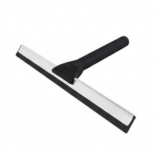 A modern T-shaped squeegee with a matte black handle and a silver metal blade with a black rubber edge, shown on a plain white background.
