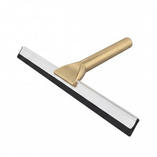 A modern brushed gold T-handle squeegee with a black rubber blade, shown at an angle on a solid white background.