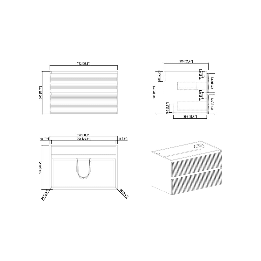 BAI 8217 Wall Hung 32-inch Bathroom Vanity in Golden Walnut Finish with Matte Black Basin