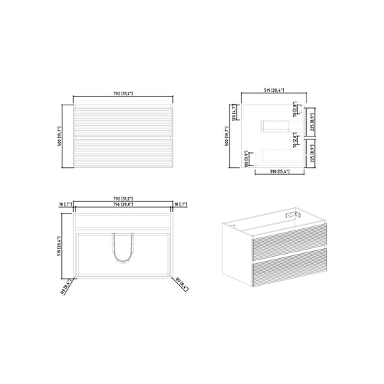 BAI 8217 Wall Hung 32-inch Bathroom Vanity in Golden Walnut Finish with Matte Black Basin