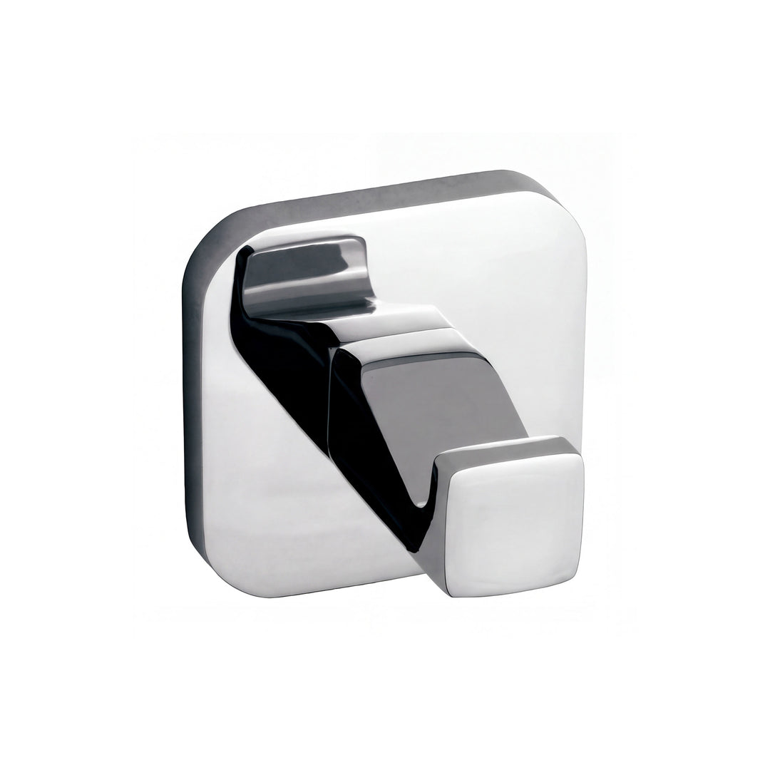 modern square shaped bathroom robe hook in polished chrome finish shown on a plain white background.