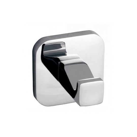 modern square shaped bathroom robe hook in polished chrome finish shown on a plain white background.