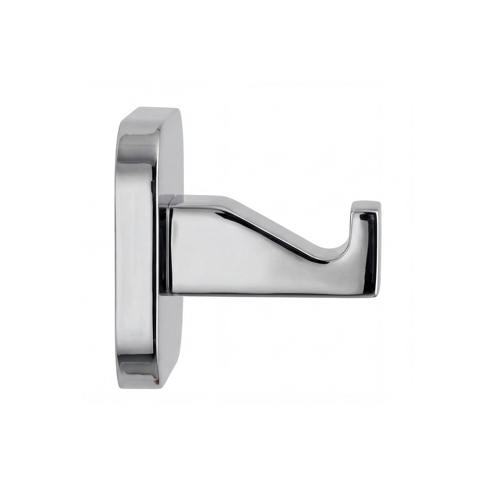 modern square shaped bathroom robe hook side view in polished chrome finish shown on a plain white background.