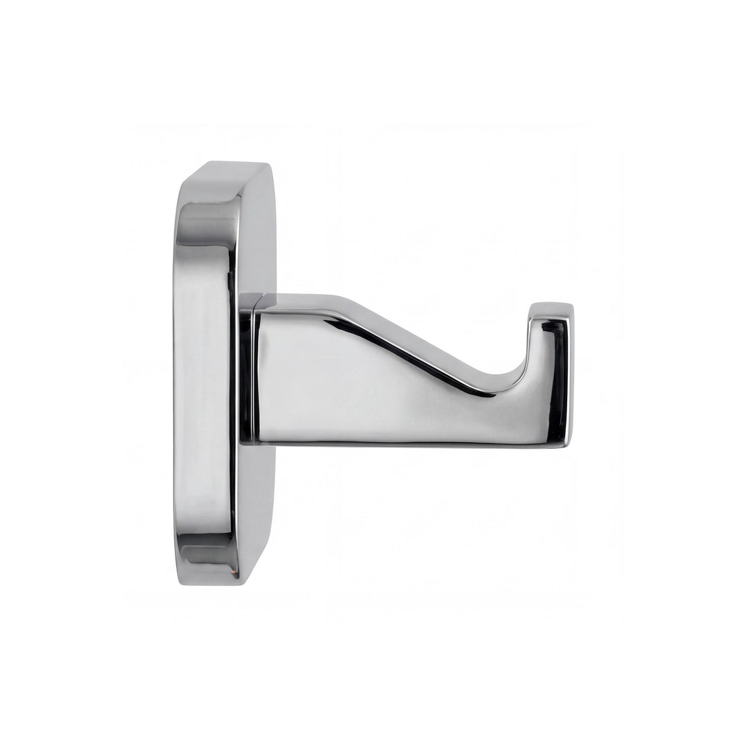 modern square shaped bathroom robe hook side view in polished chrome finish shown on a plain white background.