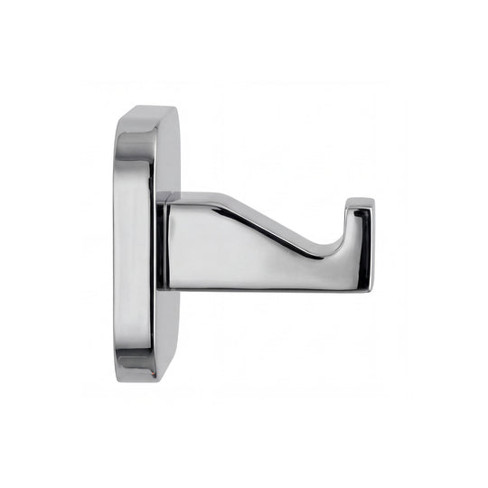 modern square shaped bathroom robe hook side view in polished chrome finish shown on a plain white background.