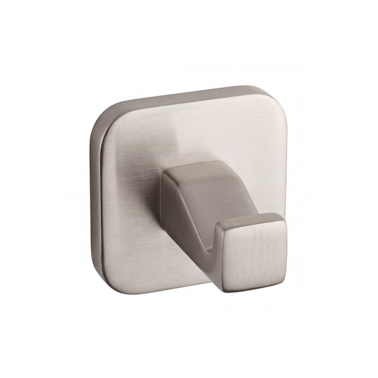 modern wall-mounted square shaped bathroom robe hook in brushed nickel finish shown on a plain white background.