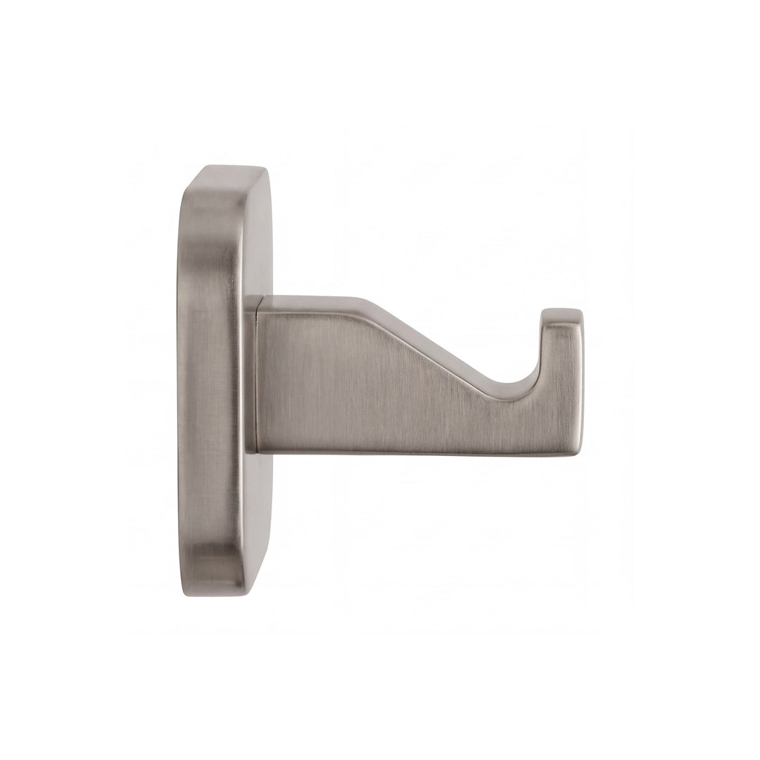 modern wall-mounted square shaped bathroom robe hook in brushed nickel finish shown in a side view profile on a plain white background.