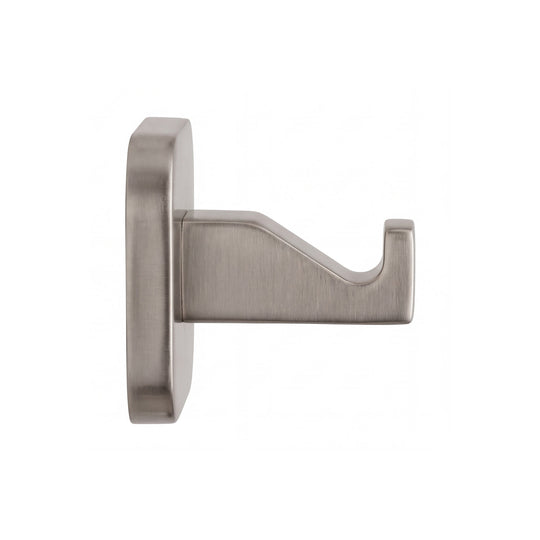 modern wall-mounted square shaped bathroom robe hook in brushed nickel finish shown in a side view profile on a plain white background.