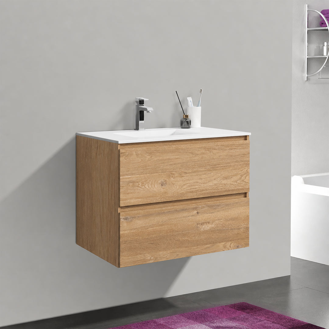 BAI 8200 Wall Hung 26-inch Bathroom Vanity in Natural Oak Finish with Matte White Basin